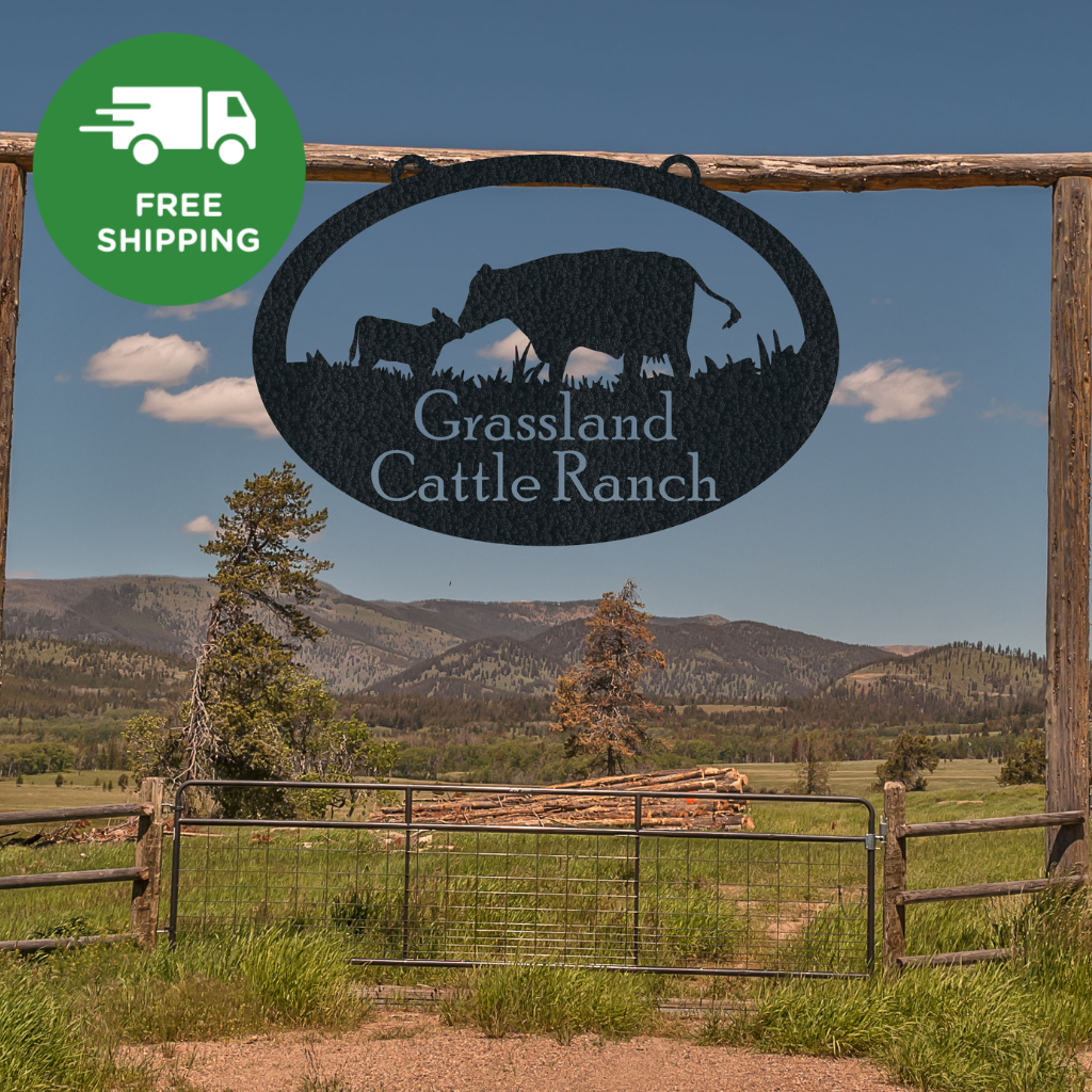 Circle Large Entrance/Gate Farm Sign with Cow and Calf - Hammered Black