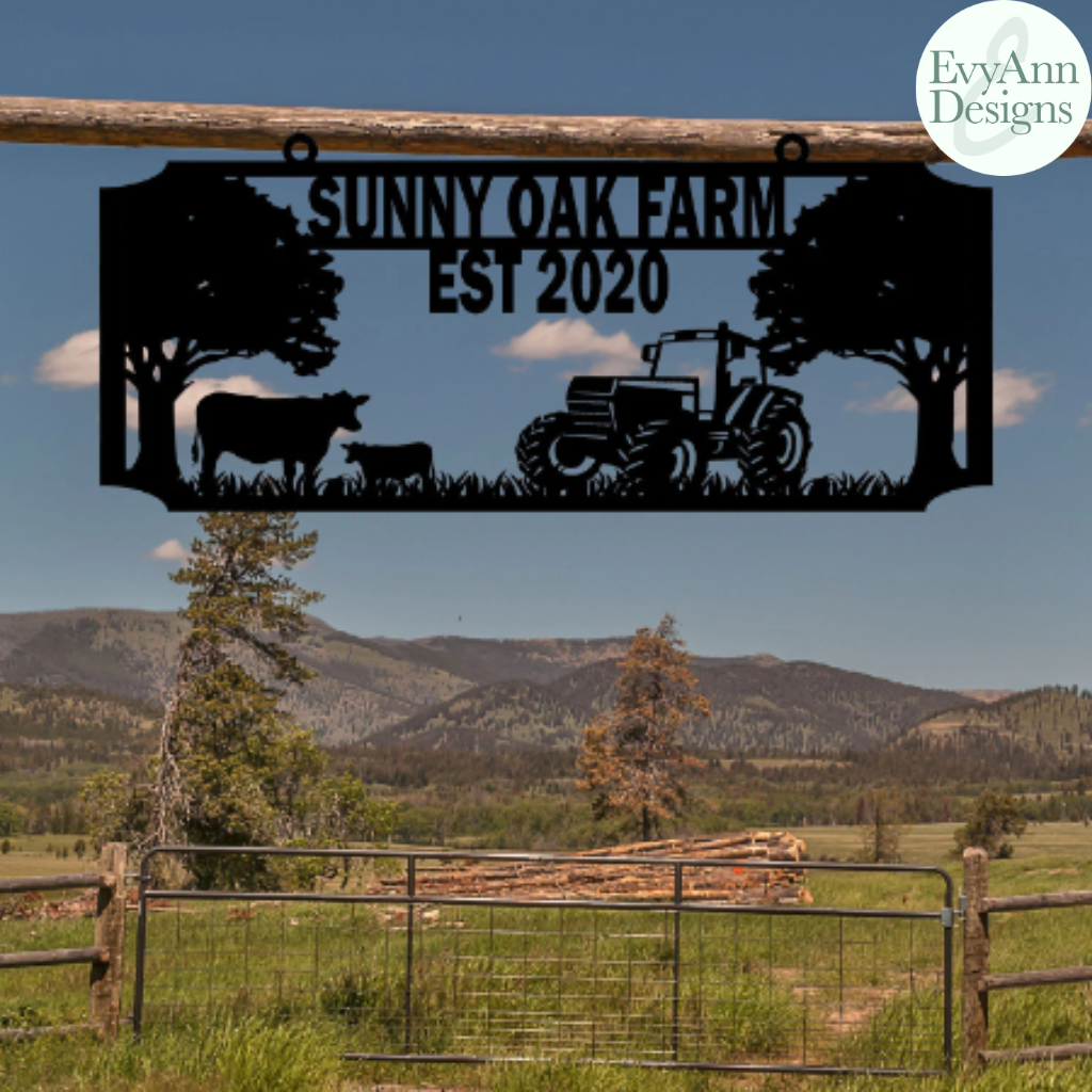 Tractor and Cow Farm Sign - Hammered Black