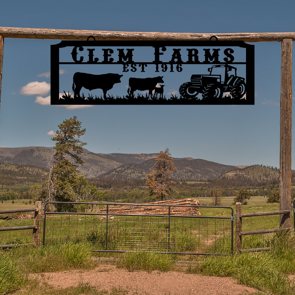 Large Entrance/Gate Ranch Sign with a Cow Family and Tractor - Hammered Black