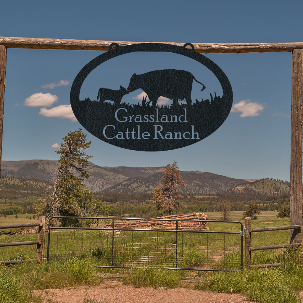 Circle Large Entrance/Gate Farm Sign with Cow and Calf - Hammered Black