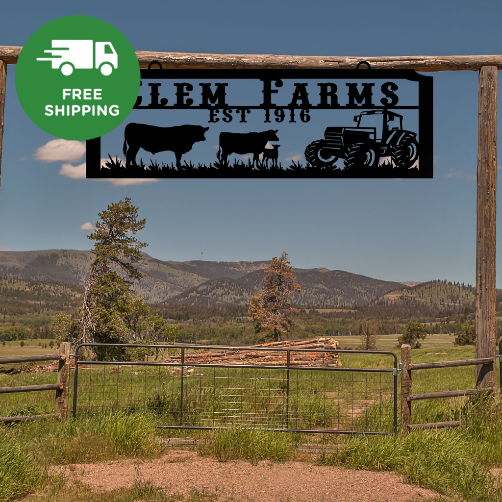 Large Entrance/Gate Ranch Sign with a Cow Family and Tractor - Hammered Black