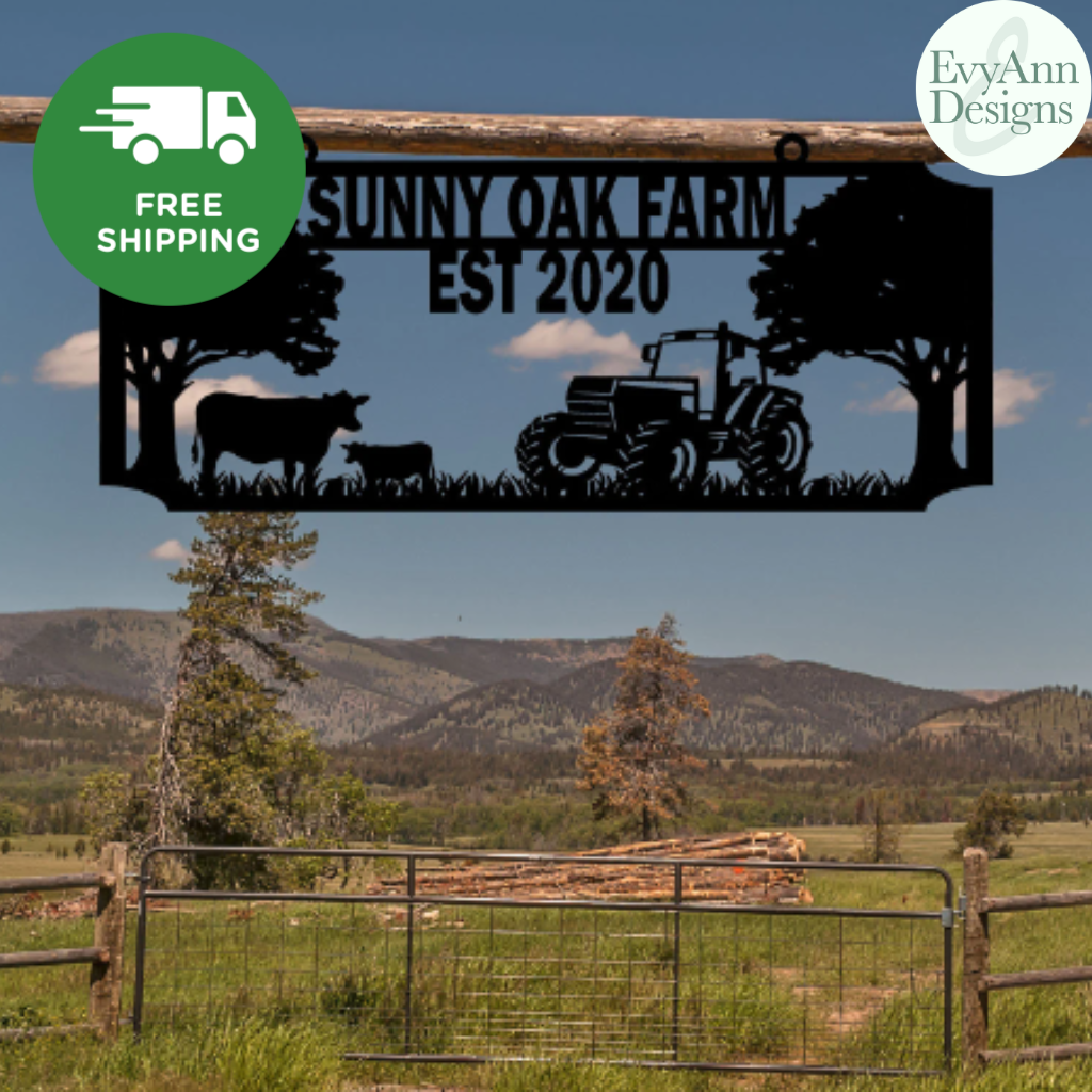 Tractor and Cow Farm Sign - Hammered Black